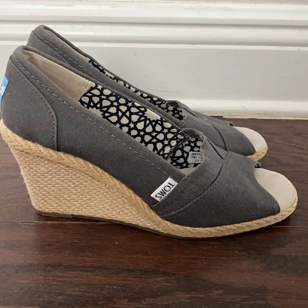 TOMS Calypso Canvas Peep Toe Wedge Espadrille Shoes